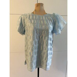 VINCE CAMUTO Round Neck Short Flutter Sleeve Semi Sheer Fabric Top Blue Sz XS